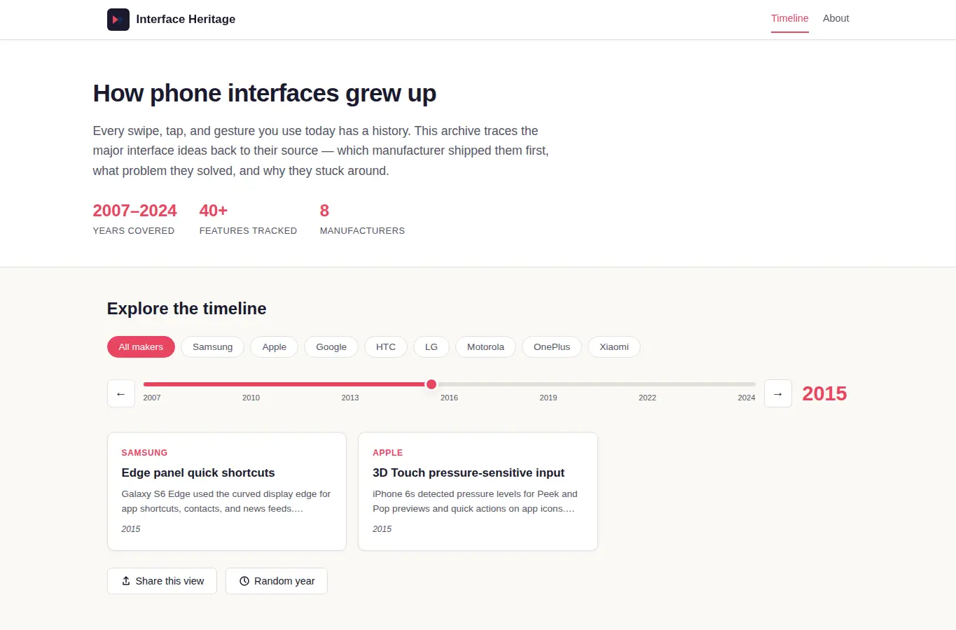 Screenshot of Mobile Interface Heritage Archive interface showing the project page in use